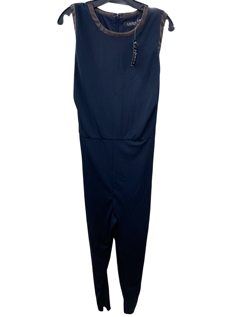 Ralph Lauren Black Label Navy Jumpsuit Faux Brown Leather Scoop Neck Size 2X NWT